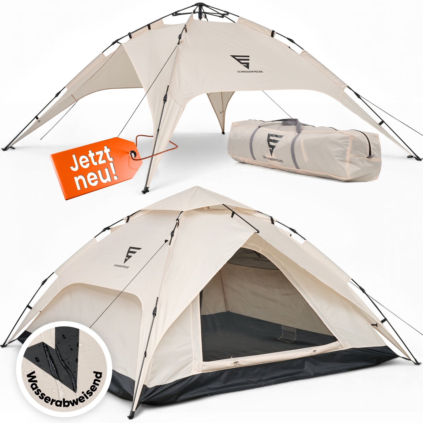 SCHNEIDERFREUDE XXL Quicktent – 245x245x145 cm – Wasserdicht (5000mm Wassersäule), Windstabil & Blitzschnell Aufgebaut – Campingzelt für 2-4 Personen mit Extra Stauraum & Top-Belüftung, Pop Up Zelt