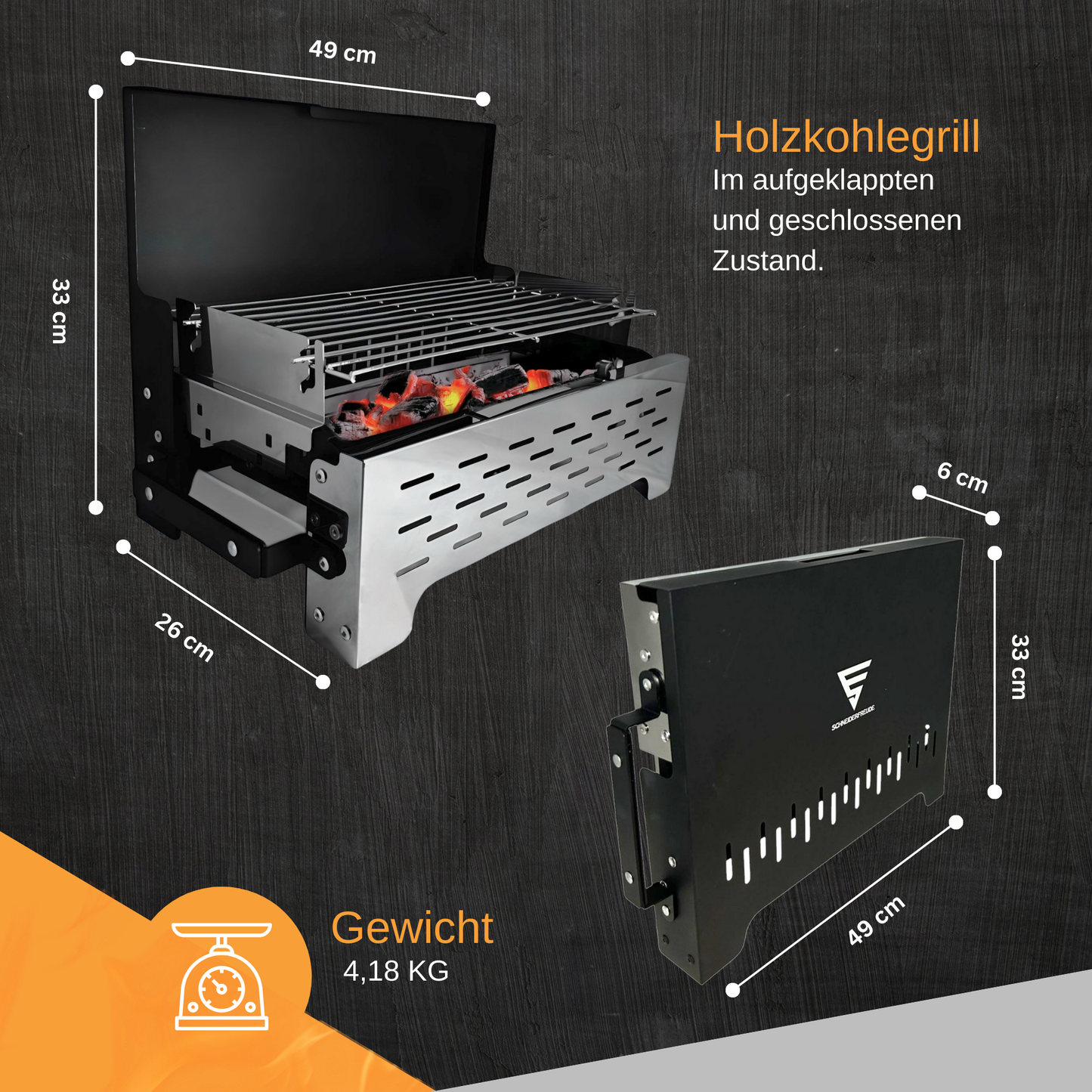 SCHNEIDERFREUDE® Klappgrill 2.0: Höhenverstellbarer Camping-Grill mit Doppelfunktions-Zangen & Tasche – DEKRA-geprüfter Holzkohlegrill für Outdoor & BBQ