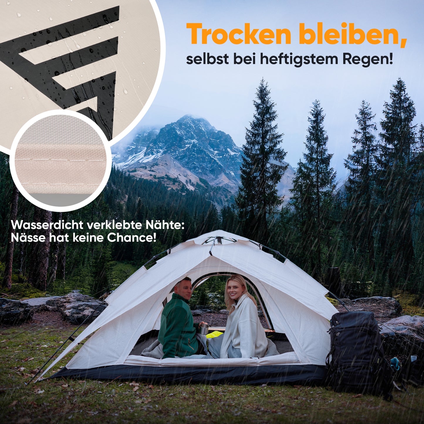 SCHNEIDERFREUDE XXL Quicktent – 245x245x145 cm – Wasserdicht (5000mm Wassersäule), Windstabil & Blitzschnell Aufgebaut – Campingzelt für 2-4 Personen mit Extra Stauraum & Top-Belüftung, Pop Up Zelt