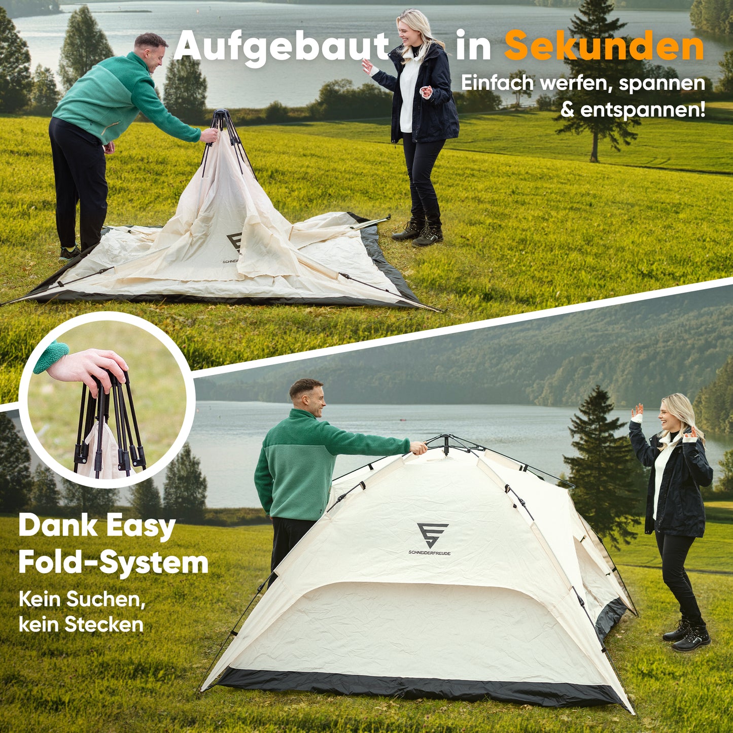 SCHNEIDERFREUDE XXL Quicktent – 245x245x145 cm – Wasserdicht (5000mm Wassersäule), Windstabil & Blitzschnell Aufgebaut – Campingzelt für 2-4 Personen mit Extra Stauraum & Top-Belüftung, Pop Up Zelt