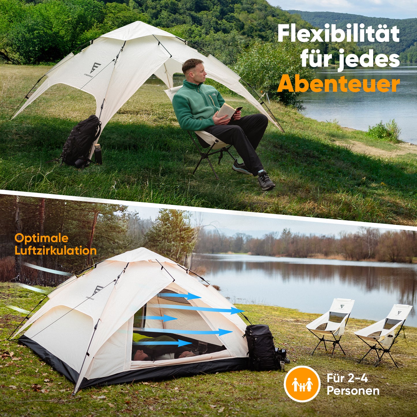 SCHNEIDERFREUDE XXL Quicktent – 245x245x145 cm – Wasserdicht (5000mm Wassersäule), Windstabil & Blitzschnell Aufgebaut – Campingzelt für 2-4 Personen mit Extra Stauraum & Top-Belüftung, Pop Up Zelt