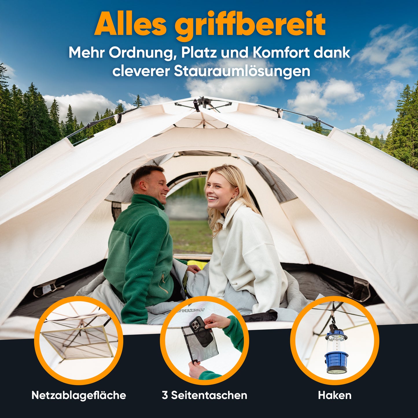SCHNEIDERFREUDE XXL Quicktent – 245x245x145 cm – Wasserdicht (5000mm Wassersäule), Windstabil & Blitzschnell Aufgebaut – Campingzelt für 2-4 Personen mit Extra Stauraum & Top-Belüftung, Pop Up Zelt