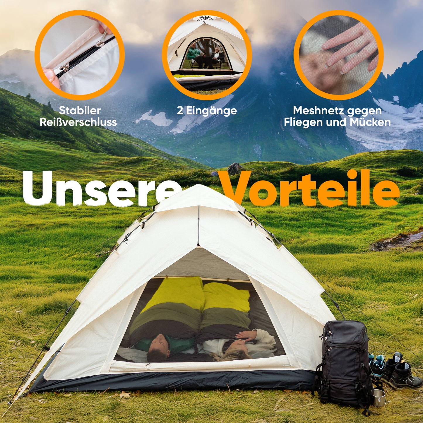 SCHNEIDERFREUDE XXL Quicktent – 245x245x145 cm – Wasserdicht (5000mm Wassersäule), Windstabil & Blitzschnell Aufgebaut – Campingzelt für 2-4 Personen mit Extra Stauraum & Top-Belüftung, Pop Up Zelt