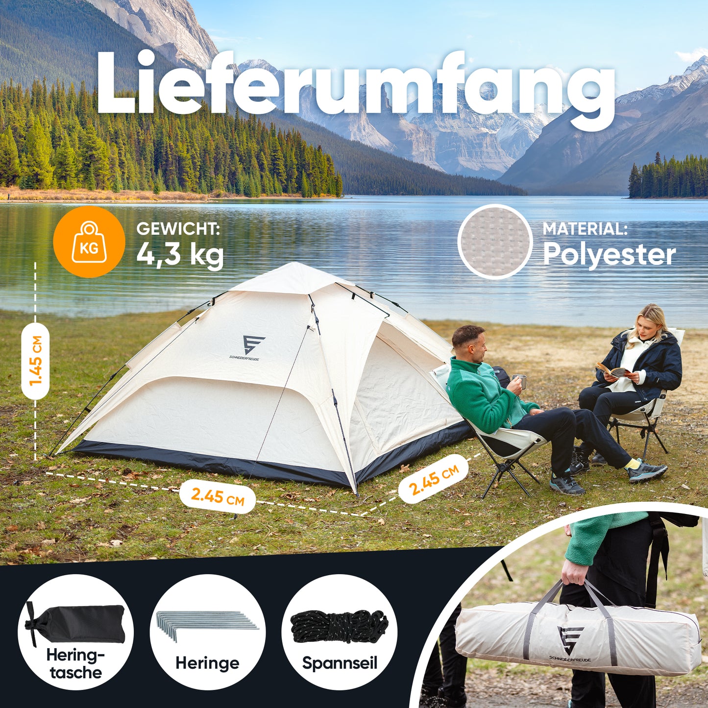 SCHNEIDERFREUDE XXL Quicktent – 245x245x145 cm – Wasserdicht (5000mm Wassersäule), Windstabil & Blitzschnell Aufgebaut – Campingzelt für 2-4 Personen mit Extra Stauraum & Top-Belüftung, Pop Up Zelt